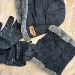 Cozy Navy Blue and Gray Knit Hat, Scarf, and Gloves Set